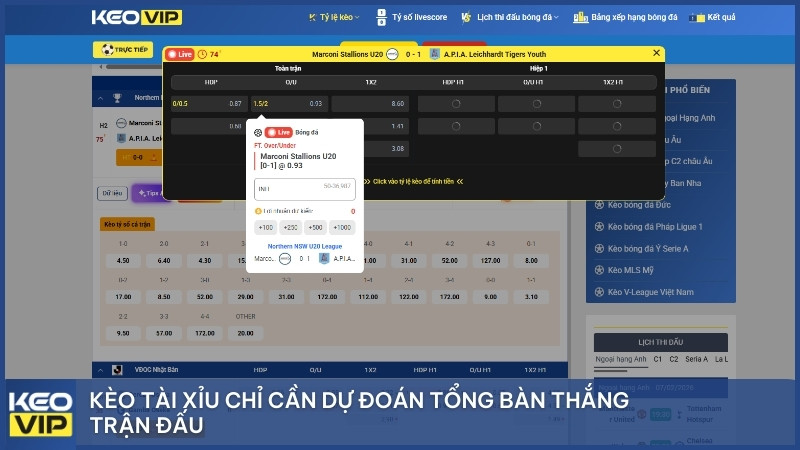 Kèo Tài Xỉu chỉ cần dự đoán tổng bàn thắng trận đấu.